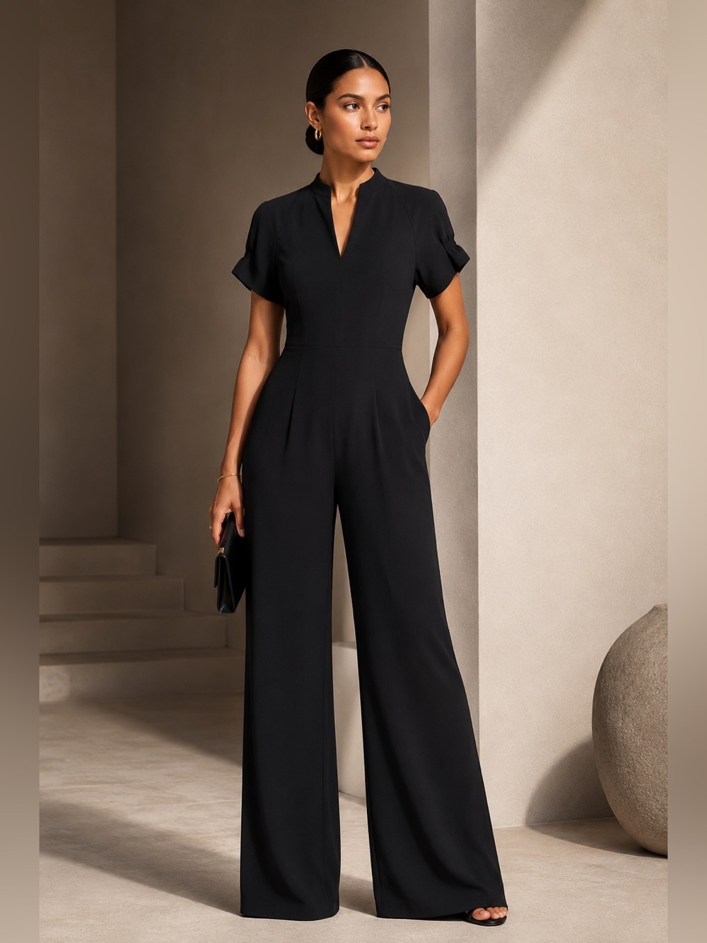 NWT Black Halo Patel Jumpsuit Black Tailored Wide Leg V-Neck Pockets - 4 - Picture 1 of 10